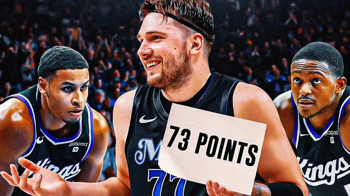 Photo: De’Aaron Fox and Keegan Murray in Kings uniform with Luka Donic holding 73-point paper