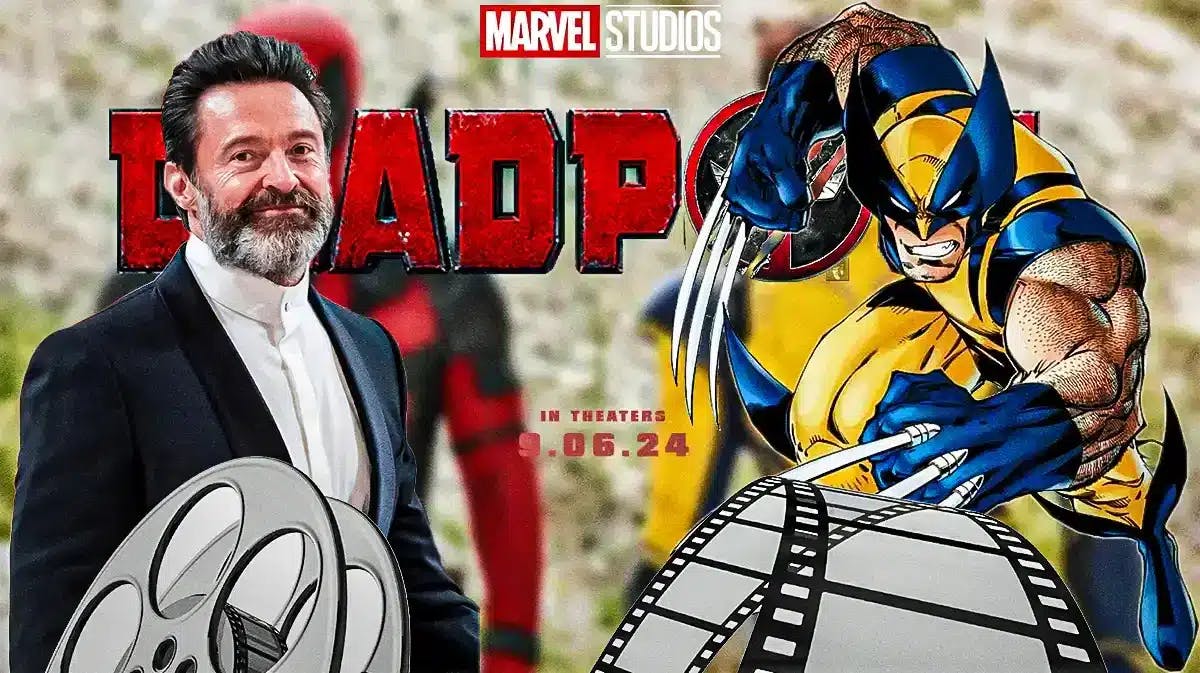 Deadpool logo with Hugh Jackman next to Wolverine from the comic book
