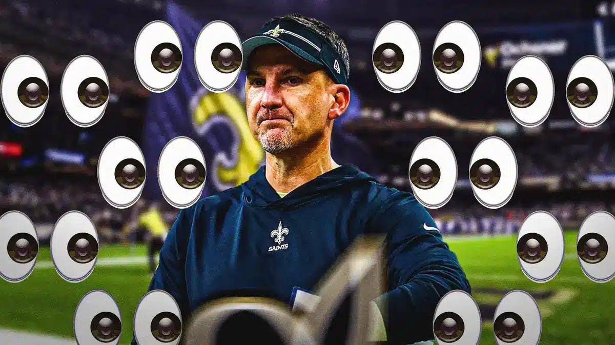 Saints' Dennis Allen in middle of image. Place the eyes emoji all over the image facing Allen.