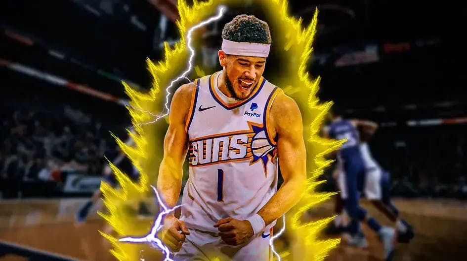 Devin Booker in Phoenix Suns jersey looking fired up with Super Saiyan aura