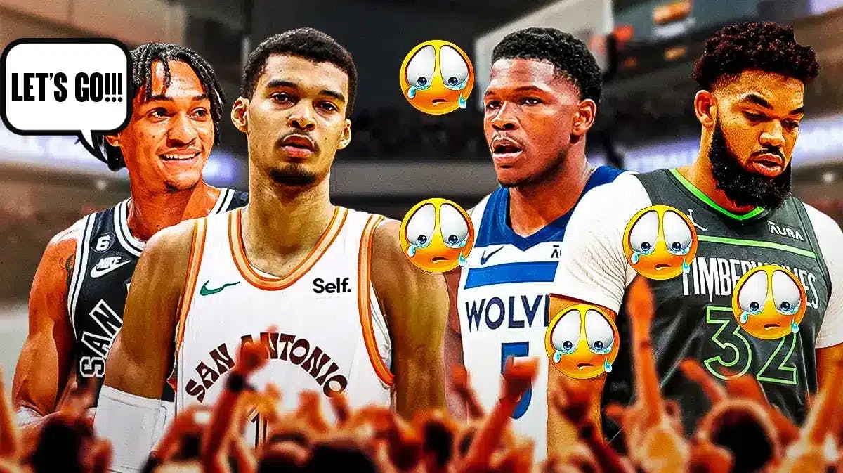 Devin Vassell and Victor Wembanyama on one side with a speech bubble that says “Let’s go!”, Anthony Edwards and Karl-Anthony Towns on the other side with a bunch of sad emojis around them