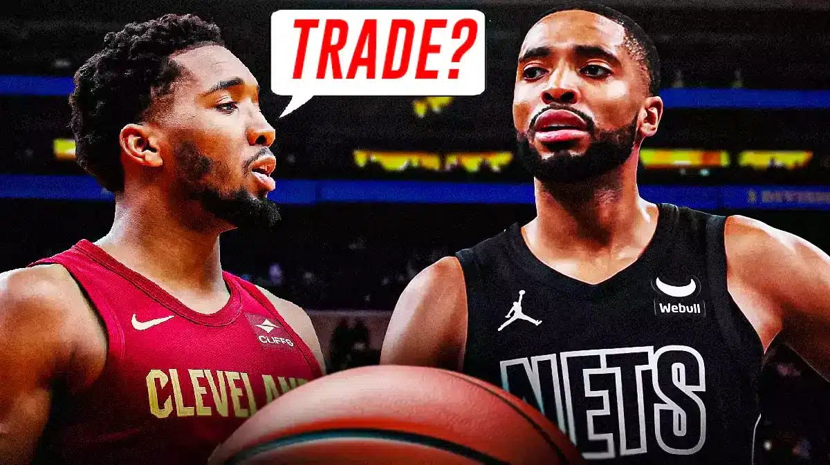 Cavs' Donovan Mitchell and Nets' Mikal Bridges together. Have Mitchell saying the following: Trade?