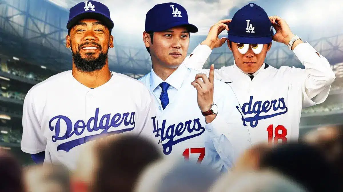 Teoscar Hernandez in a Dodgers uniform. Shohei Ohtani and Yoshinobu Yamamoto in Dodgers uniforms with big emoji eyes