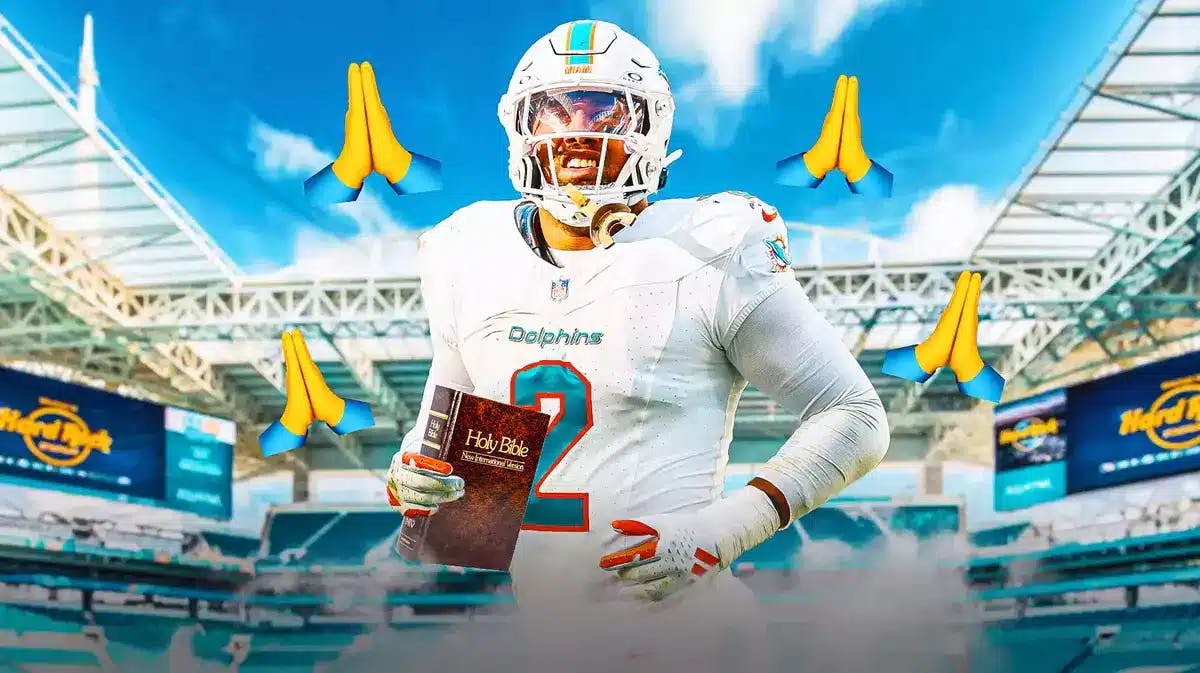 Dolphins' Bradley Chubb smiling while holding an NIV Bible, prayer hands emoji all over