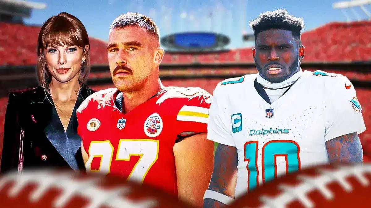 Miami Dolphins star Tyreek Hill, Kansas City Chiefs tight end Travis Kelce, and Taylor Swift in front of Arrowhead Stadium.