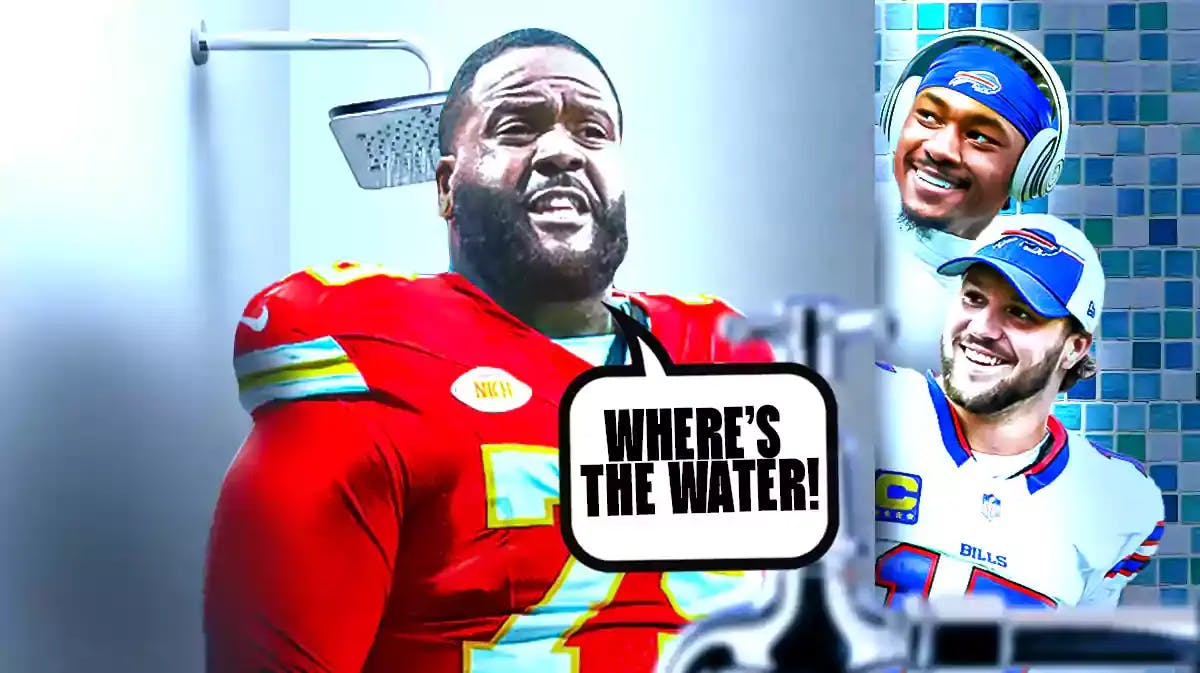 Donovan Smith in the shower saying, “Where’s the water!”. Josh Allen, Stefon Diggs hiding behind a wall laughing.