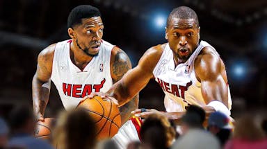 Udonis Haslem and Dwayne Wade in Miami Heat Jerseys