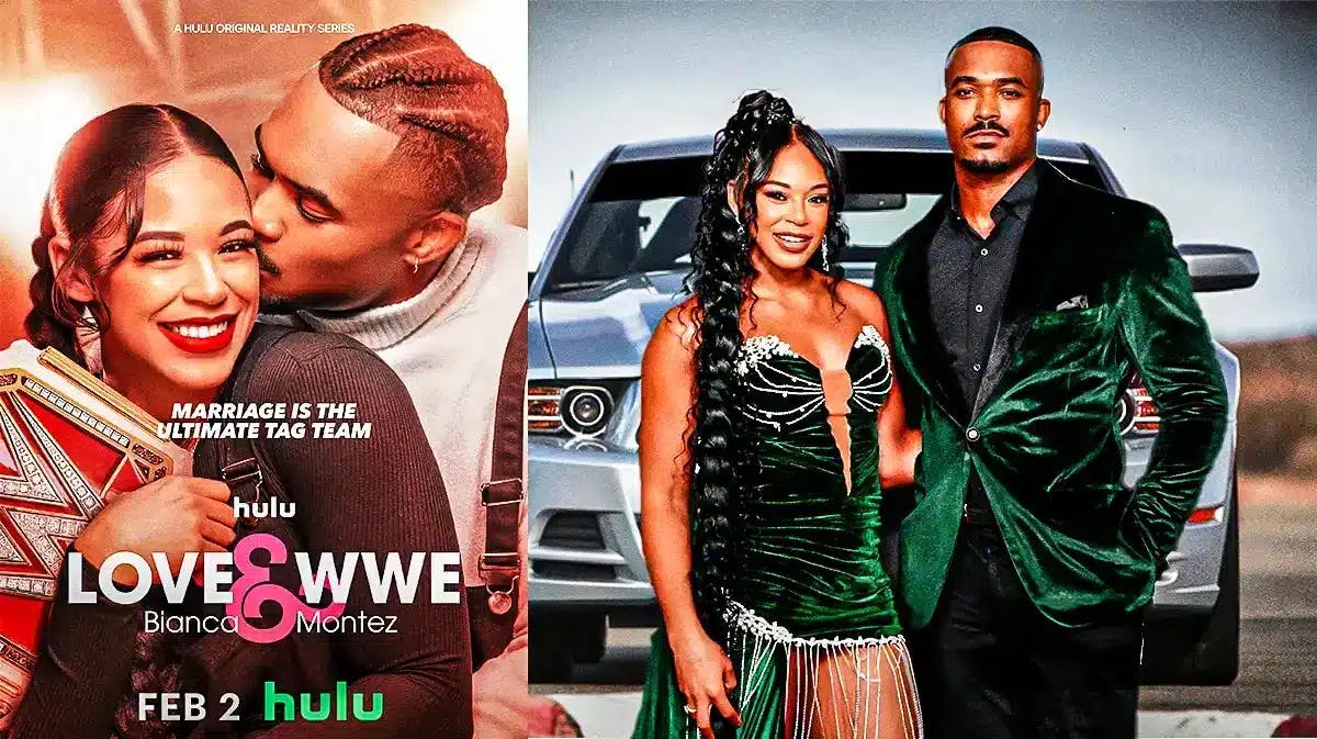 Love & WWE: Bianca & Montez poster with Bianca Belair and Montez Ford with Ford Mustang in background.