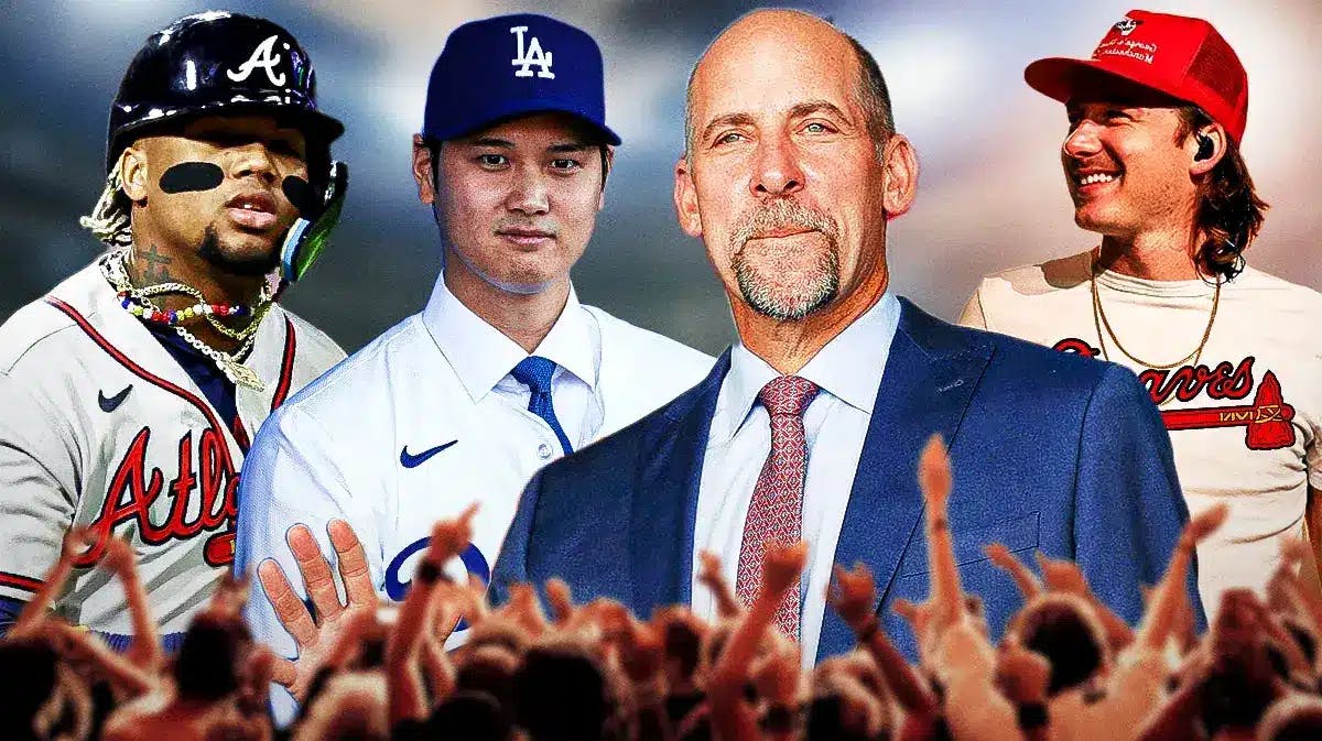 John Smoltz wearing normal clothes. In background, need Dodgers' Shohei Ohtani, Braves' Ronald Aunca Jr., and Morgan Wallen wearing a Braves jersey.