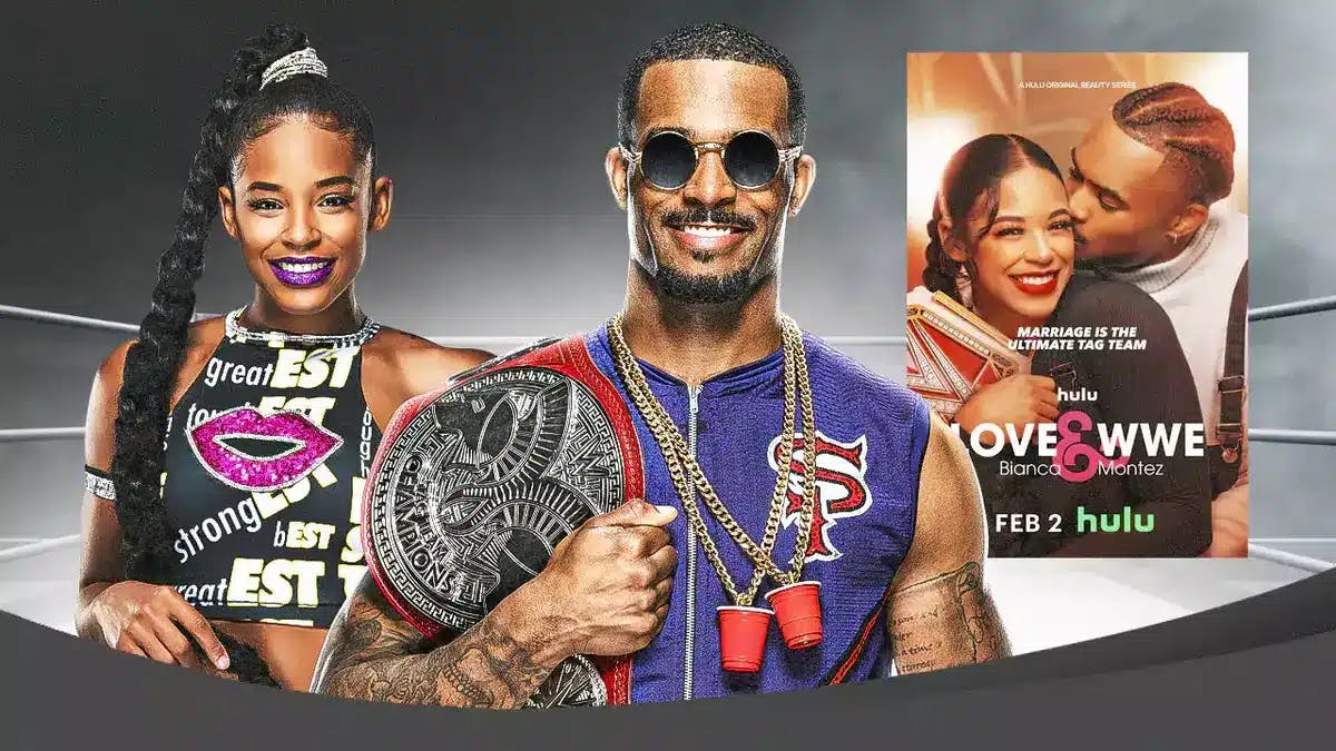Bianca Belair, Montez Ford with Love & WWE: Bianca & Montez poster and wrestling ring background.