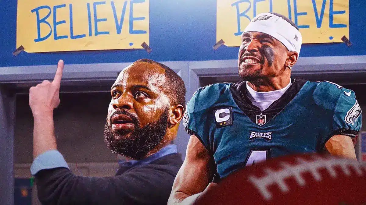 Eagles' Fletcher Cox as Ted Lasso pointing to the believe sign, with Jalen Hurts hyped up in an Eagles uni