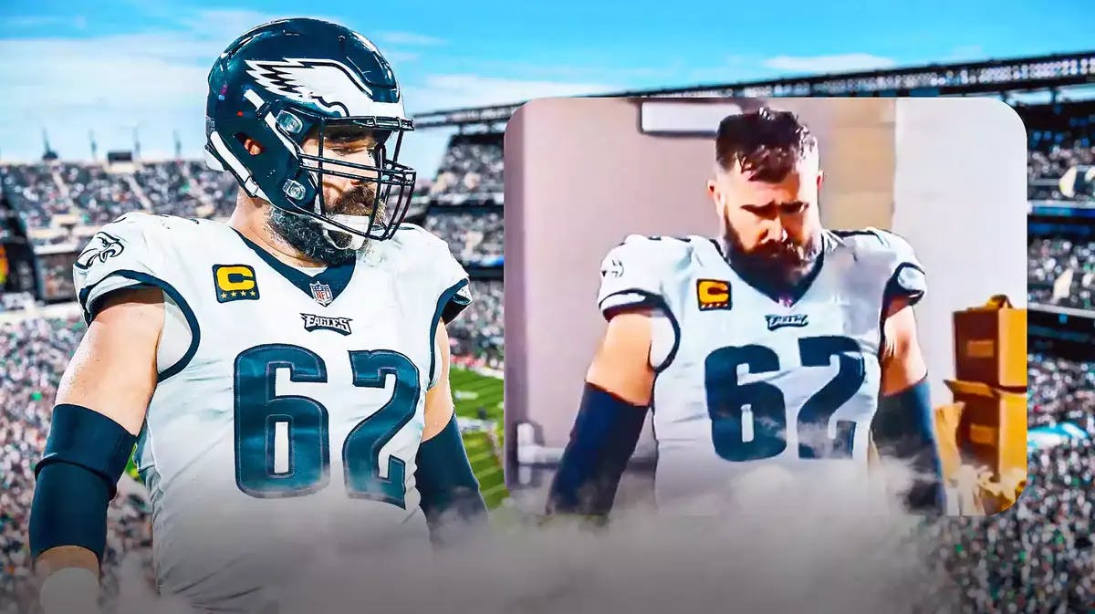 screenshot of an emotional Jason Kelce in the middle with Eagles' Kelce looking sad on the left