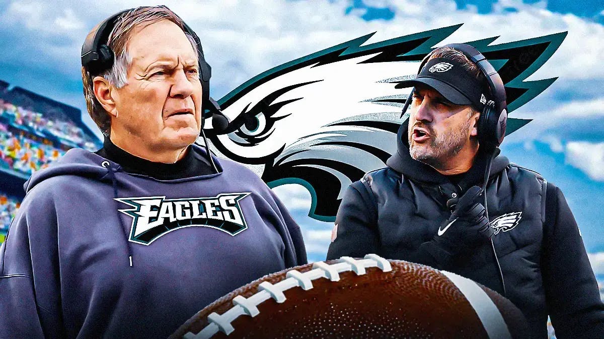 Photo: Bill Belichick in Eagles gear with Nick Sirianni looking at him mad and Eagles logo in the back