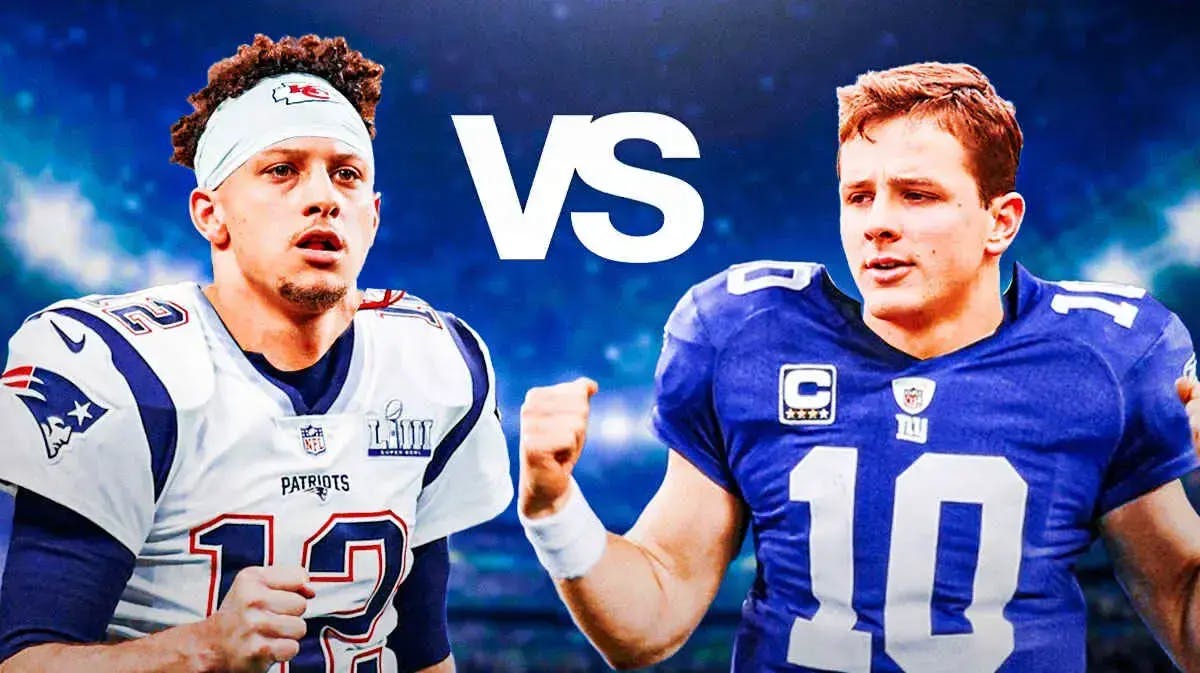 Pictures of Tom Brady in a Patriots jersey in action “VS” Eli Manning in a Giants jersey in action but with the Chiefs; Patrick Mahomes head on Brady’s body and 49ers' Brock Purdy’s head on Eli’s body.