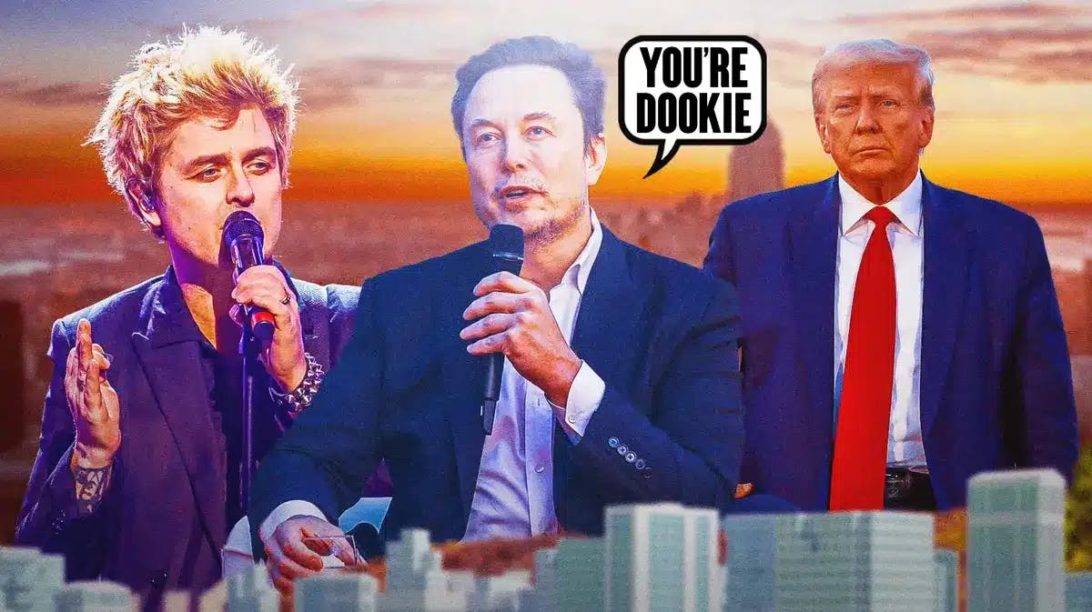 Pic of Billie Joe Armstrong, Donald Trump and Elon Musk. Elon Musk has speech bubble to Billie Joe “You’re dookie”