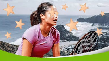 Women’s tennis player Emma Radacanu in her tennis gear, with stars in her eyes and all around her, with the city of Auckland, New Zealand in the background