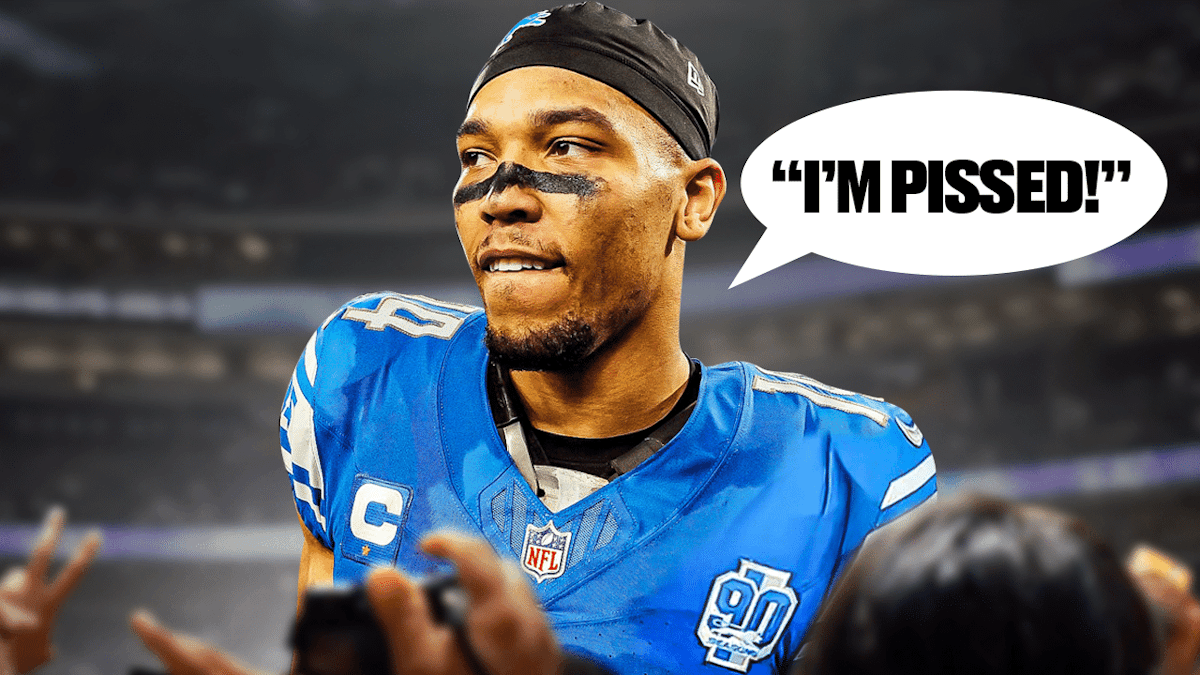Amon-Ra St. Brown in Detroit Lions jersey with speech bubble that says "I'm pissed"