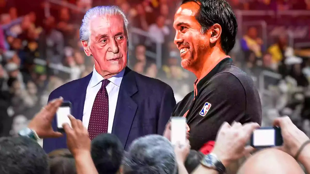 Miami Heat head coach Erik Spoelstra and basketball legend Pat Riley in front of the Kaseya Center.