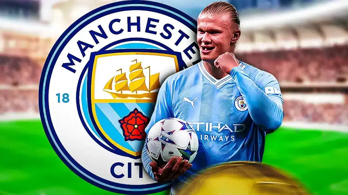 Erling Haaland celebrating in front of the Manchester City logo