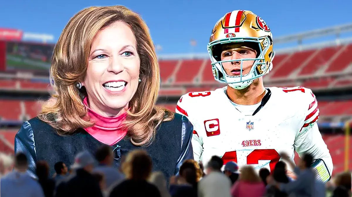 Former CEO Amy Trask and San Francisco 49ers quarterback Brock Purdy in front of Levi's Stadium.