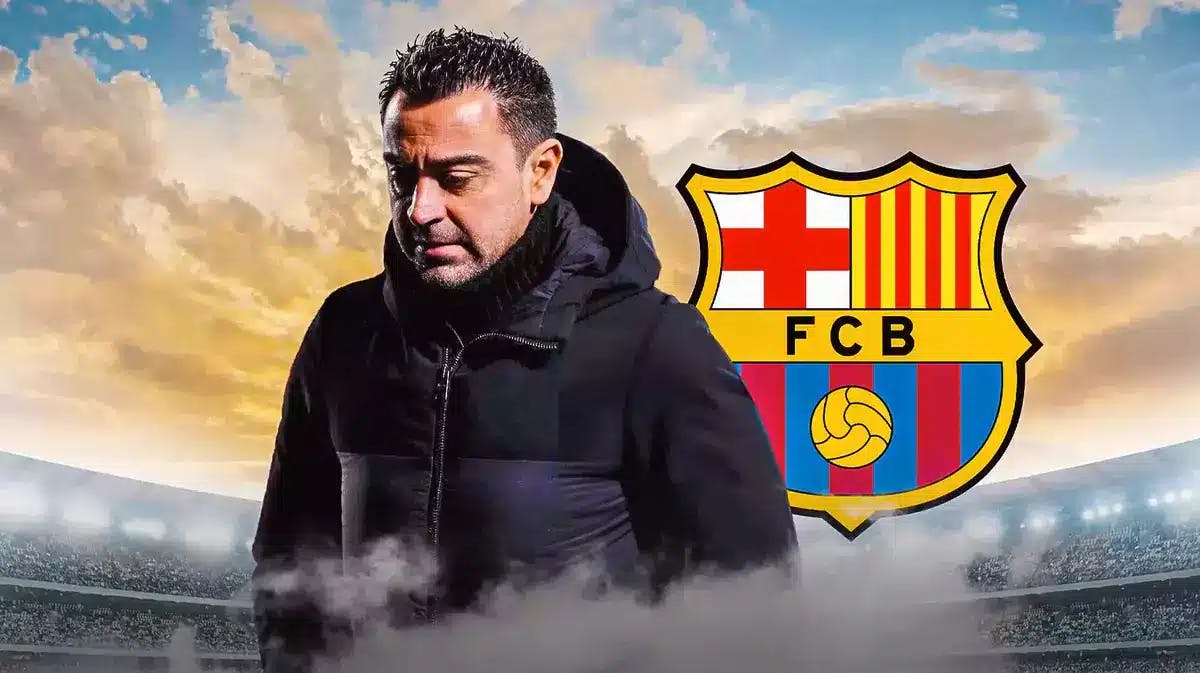 Xavi Hernandez looking down/sad in front of the Barcelona logo