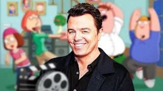 Seth MacFarlane with Family Guy background.
