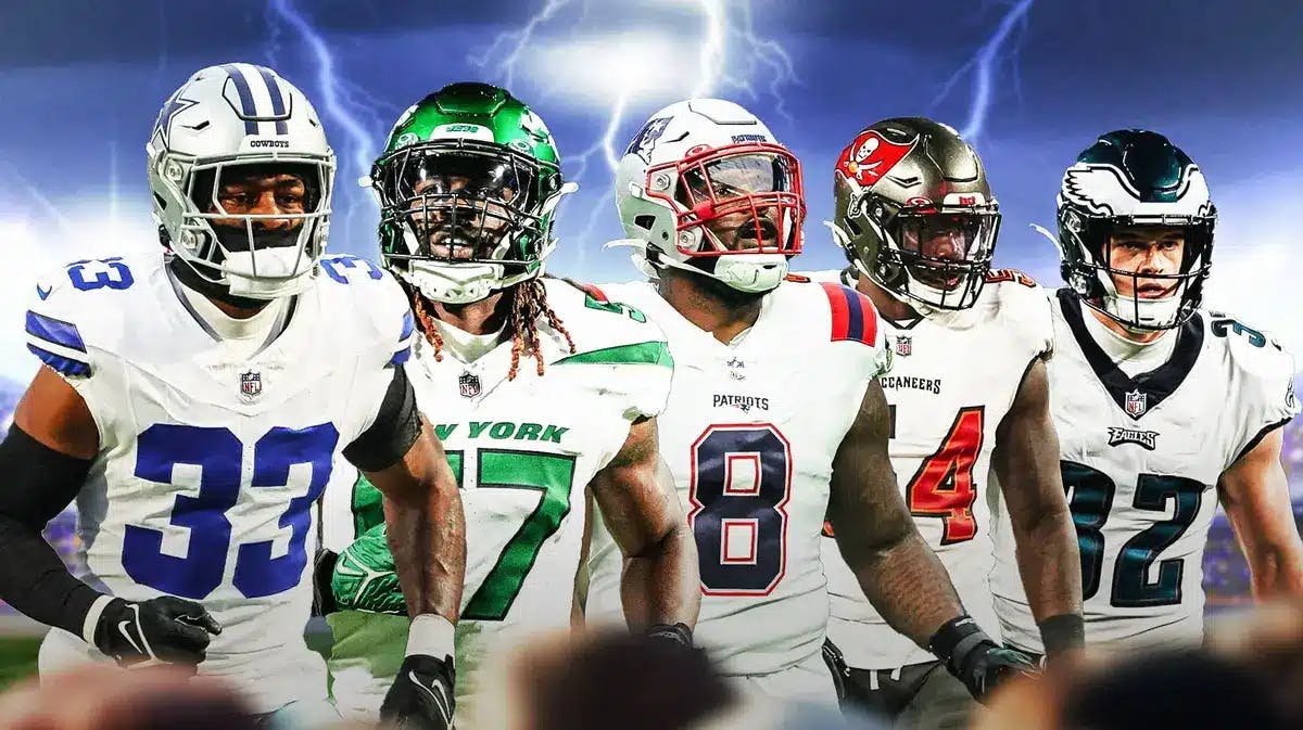 Fantasy football Defenses Damone Clark, CJ Mosley, Ja'Whaun Bentley, Lavonte David, Reed Blankenship are all beside each other with electricity in the background.