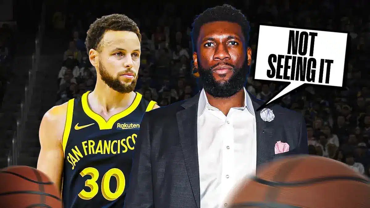 Golden State Warriors' Steph Curry and former Warriors player Festus Ezeli and speech bubble “Not Seeing It”