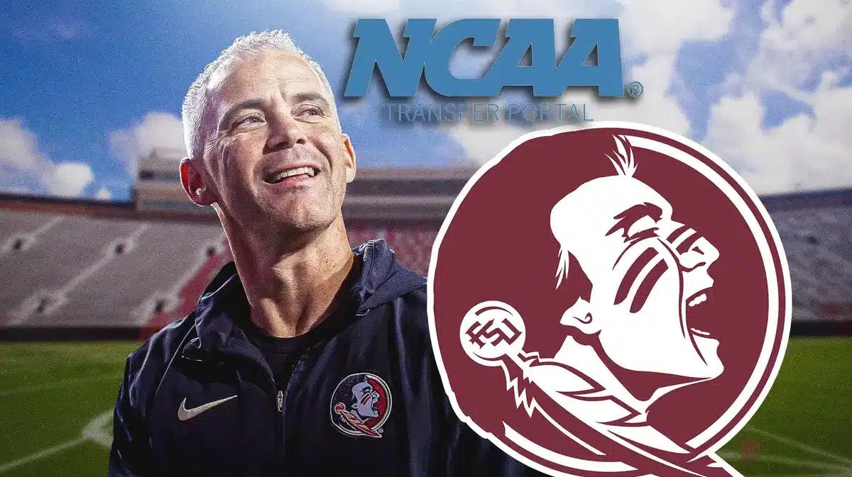 Photo: Mike Norvell in FSU gear with smile and FSU logo in the back, NCAA transfer portal logo included