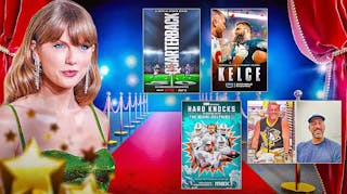 Collage of images - Taylor Swift alongside the show posters for Netflix’s Quarterback; Prime’s Kelce documentary; Hard Knocks: In Season with the Miami Dolphins; Aaron Rodgers from Pat McAfee Show