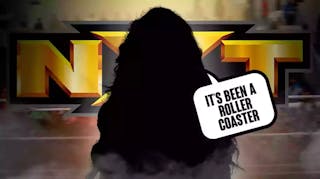 The blacked-out silhouette of McKenzie Mitchell with a text bubble reading “It’s been a roller coaster” with the NXT logo as the background.