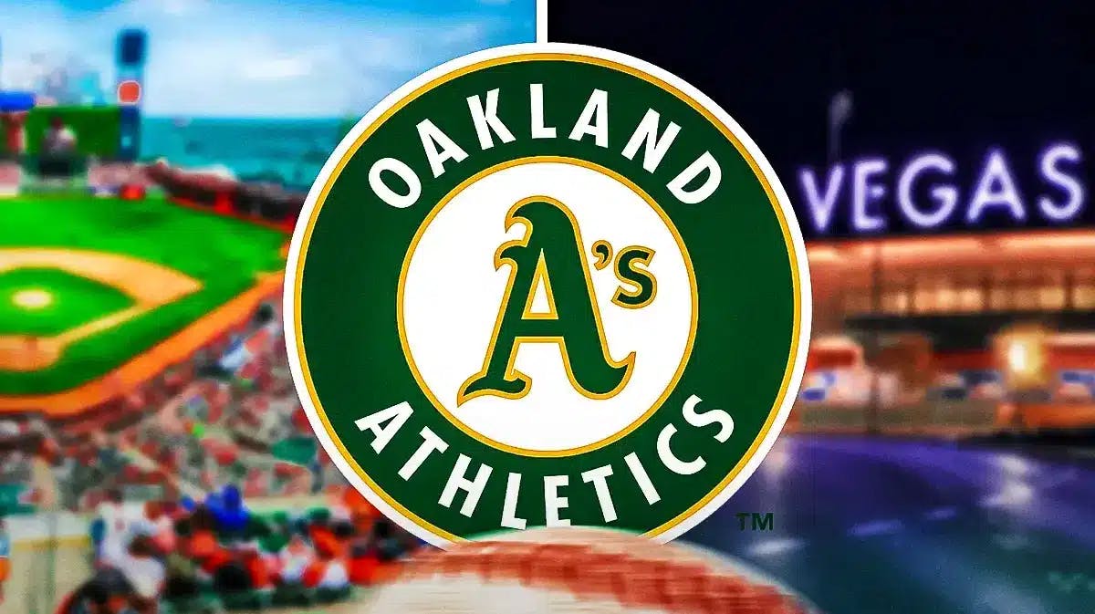 Oakland A’s logo in the middle. Split image of Oracle Park on the left and Las Vegas Ballpark on the right