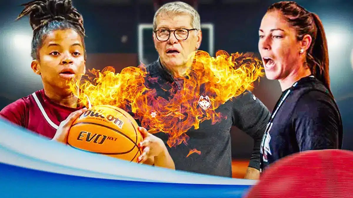 Mississippi State women’s basketball players Lauren Park-Lane and Kaiti Jones, with fire coming out of their mouths, and UConn women’s basketball coach Geno Auriemma