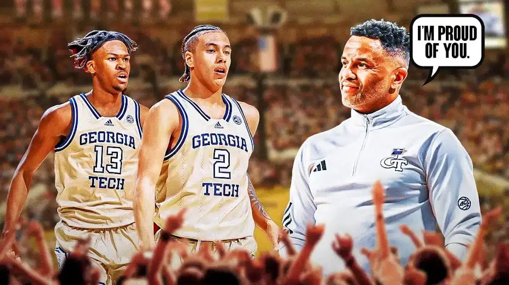Georgia Tech basketball coach Damon Stoudamire saying "I'm proud of you" to Naithan George and Miles Kelly after winning over North Carolina basketball