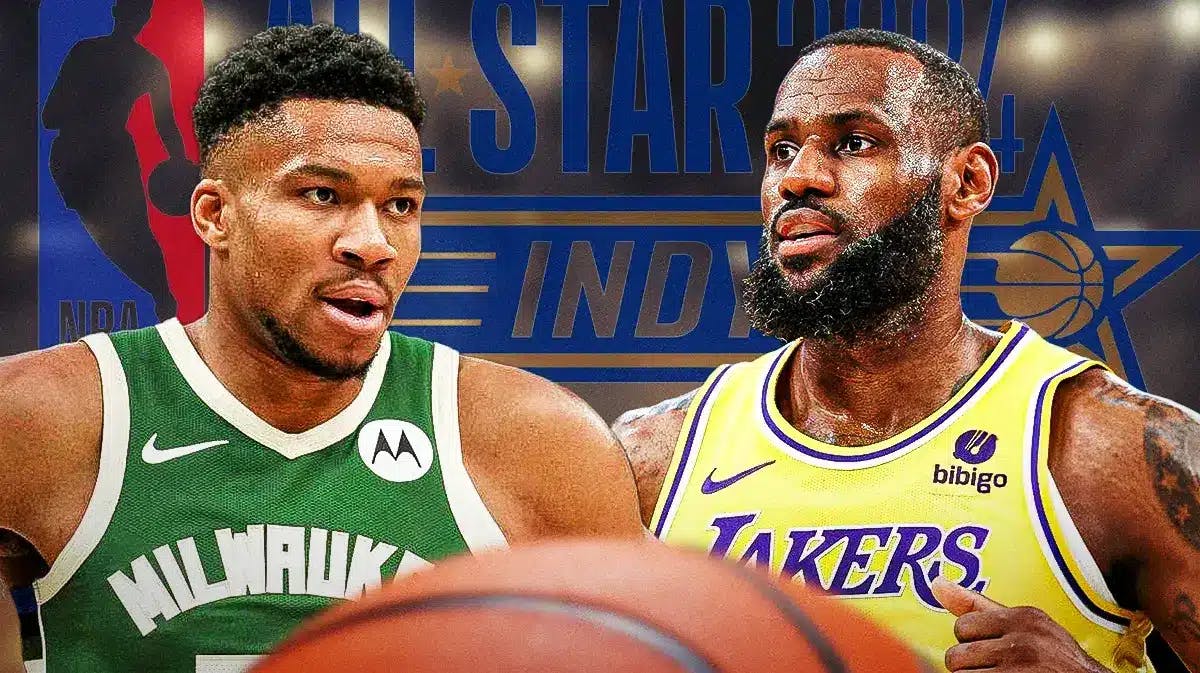 Giannis Antetokounmpo with LeBron James and All-Star Game background