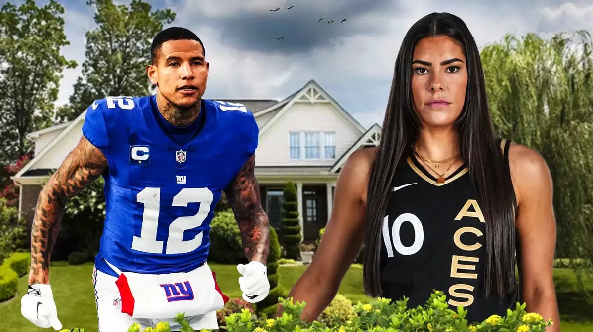 Giants TE Darren Waller and Aces star Kelsey Plum with a house in back
