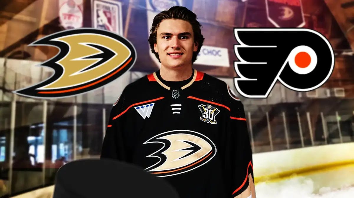Cutter Gauthier in a Ducks jersey after the Flyers trade.