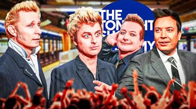 Subway background with Green Day members Billie Joe Armstrong, Mike Dirnt, and Tré Cool and Jimmy Fallon with The Tonight Show logo.