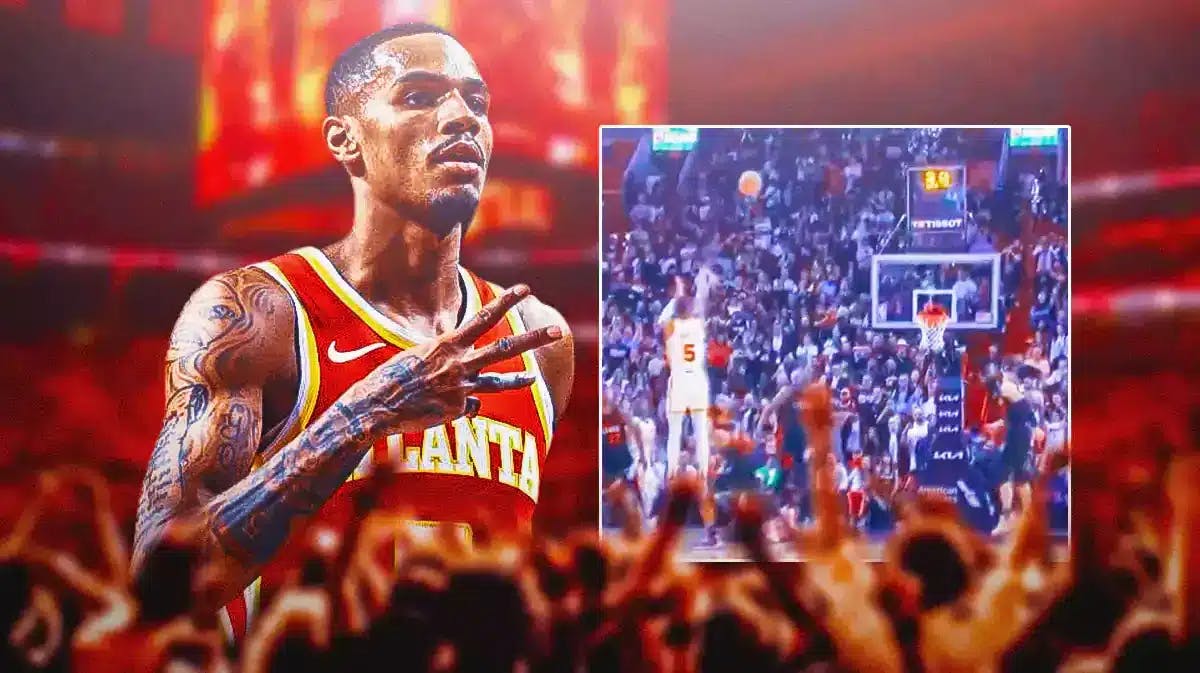 Hawks' Dejounte Murray hyped up, with a screenshot of his game-winner on the side