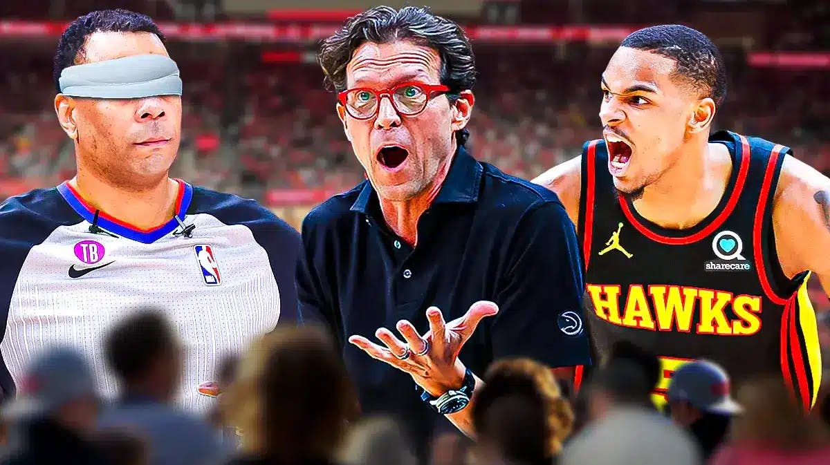 Hawks' Dejounte Murray hyped up, with Quin Snyder angry and referee Karl Lane blindfolded beside Snyder