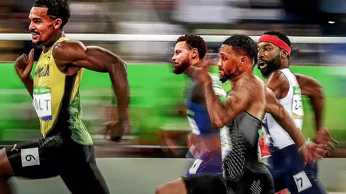 Hawks' Trae Young as Usain Bolt (see above pic), with Warriors' Stephen Curry in 2nd place, Bucks' Damian Lillard in 3rd place and Warriors' Baron Davis in 4th place