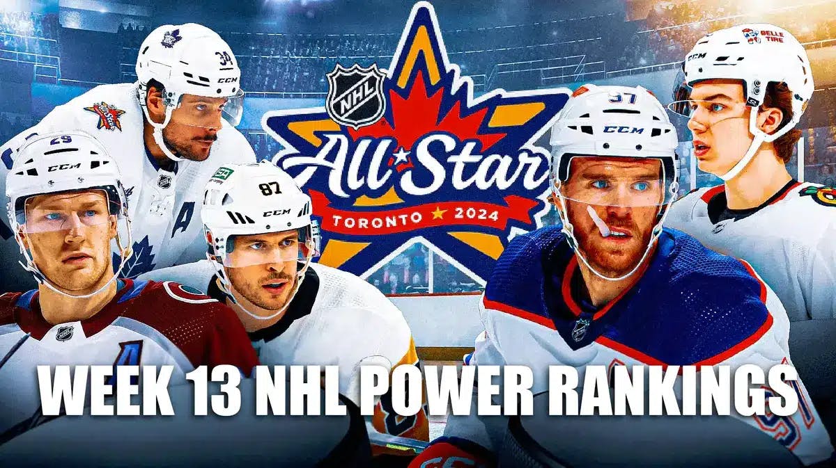 2024 NHL All-Star Game logo in middle with these players on right side (all in All-Star jerseys), Nathan MacKinnon (Central), Auston Matthews (Atlantic), Sidney Crosby (Metropolitan) and Connor McDavid (Pacific), Connor Bedard on other side looking upset, Toronto Maple Leafs rink in background, Week 13 NHL Power Rankings