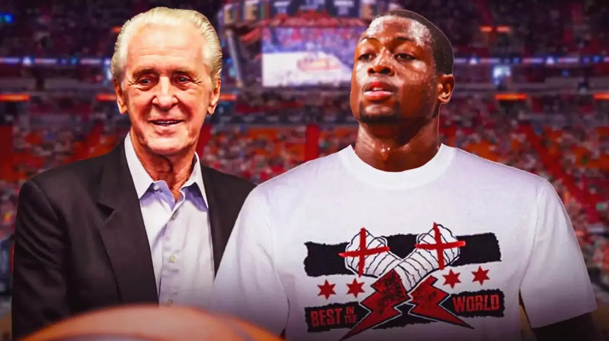 Pat Riley smiling, with Heat’s Dwyane Wade (2006) wearing a CM Punk Best in the World shirt