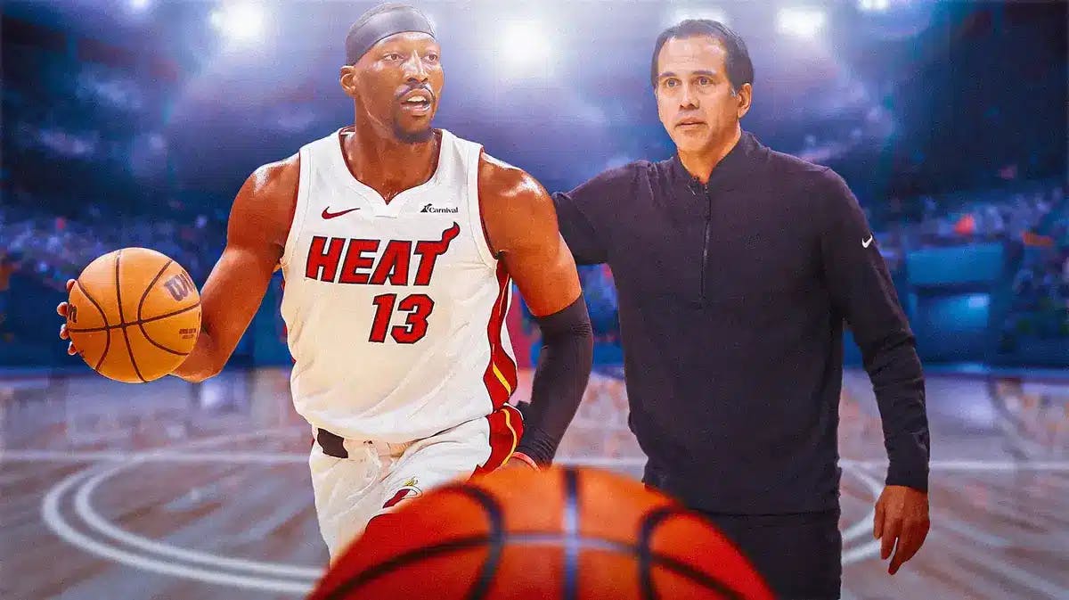 Miami Heat star Bam Adebayo and head coach Erik Spoelstra in front of the Kaseya Center.