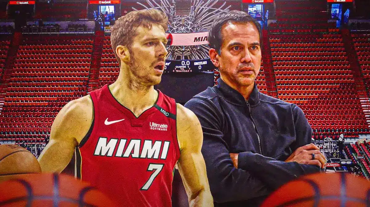 Miami Heat head coach Erik Spoelstra and former player Goran Dragic in front of the Kaseya Center.