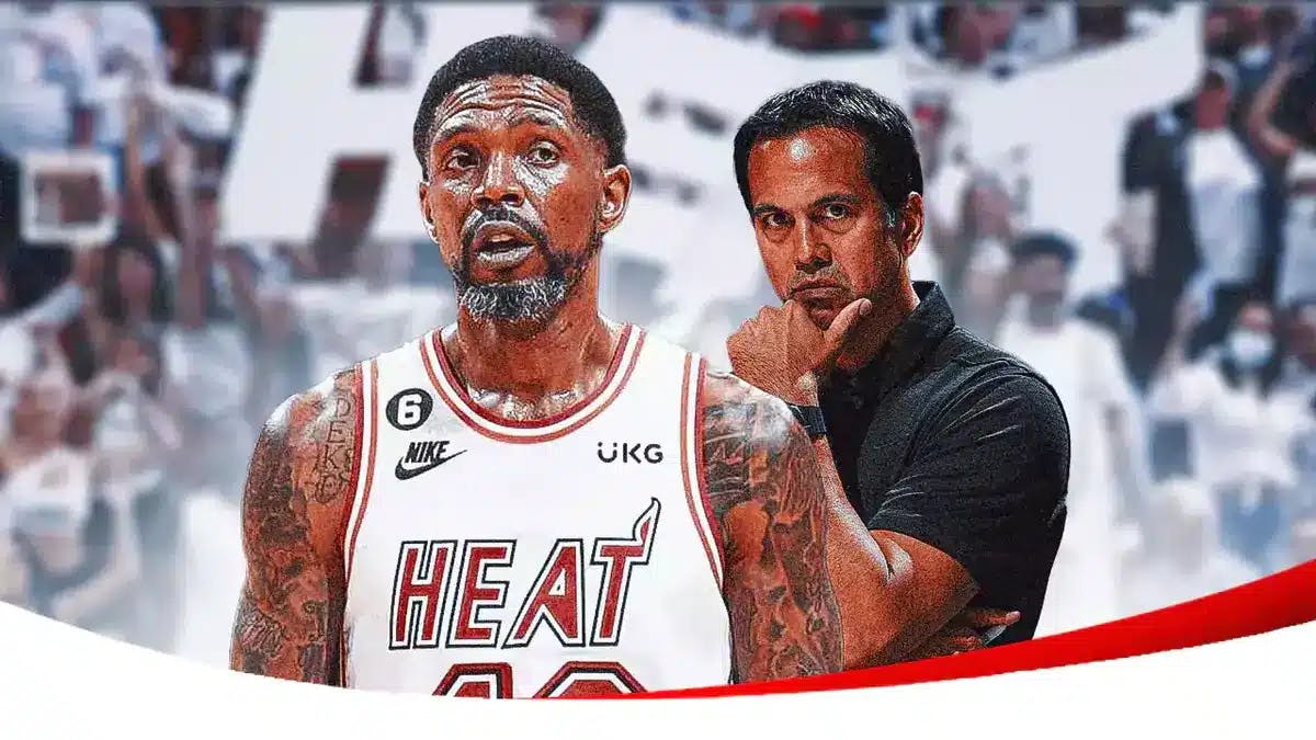 Miami Heat head coach Erik Spoelstra and former player Udonis Haslem in front of the Kaseya Center.