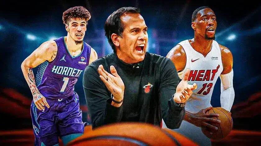 Heat’s Erik Spoelstra and Bam Adebayo hyped up, with Hornets' LaMelo Ball on the side