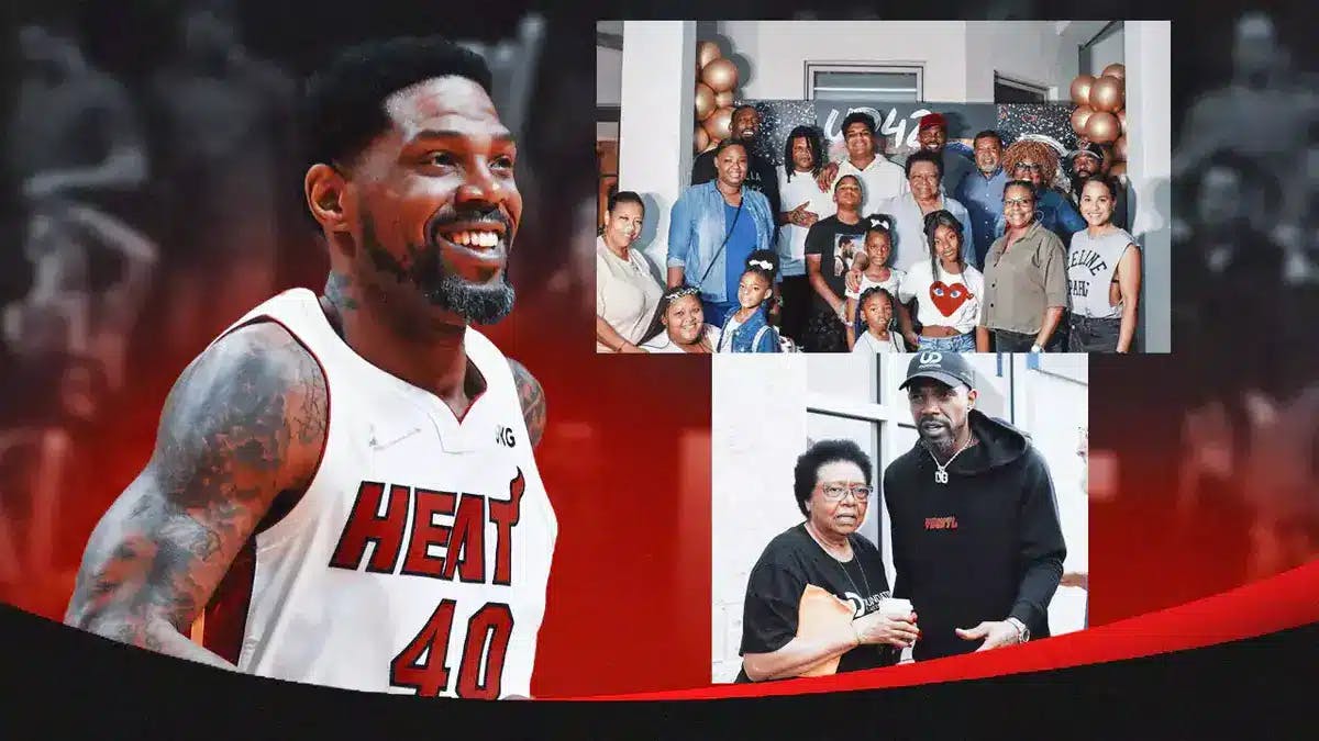 Udonis Haslem (current) smiling, with a pic of him with his parents Johnnie and Debra and a pic of him with Barbara Wooten