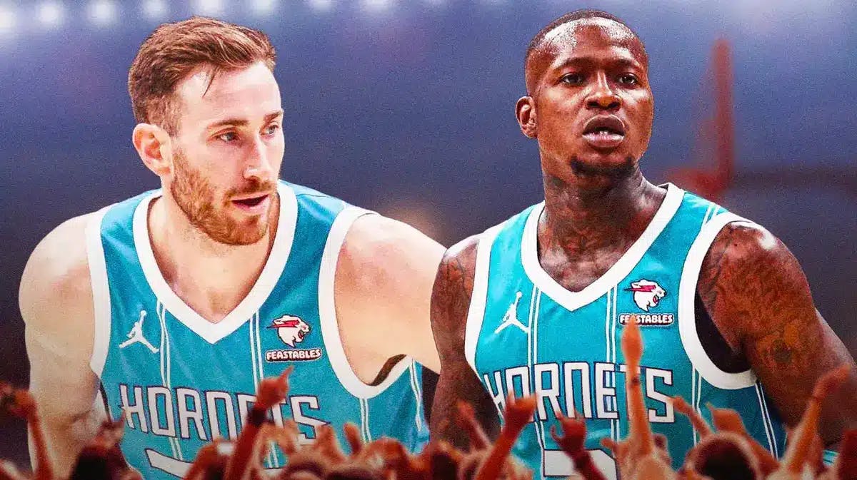 Photo: Terry Rozier in front of a door, Gordon Hayward with question marks above him, both in Hornets jerseys