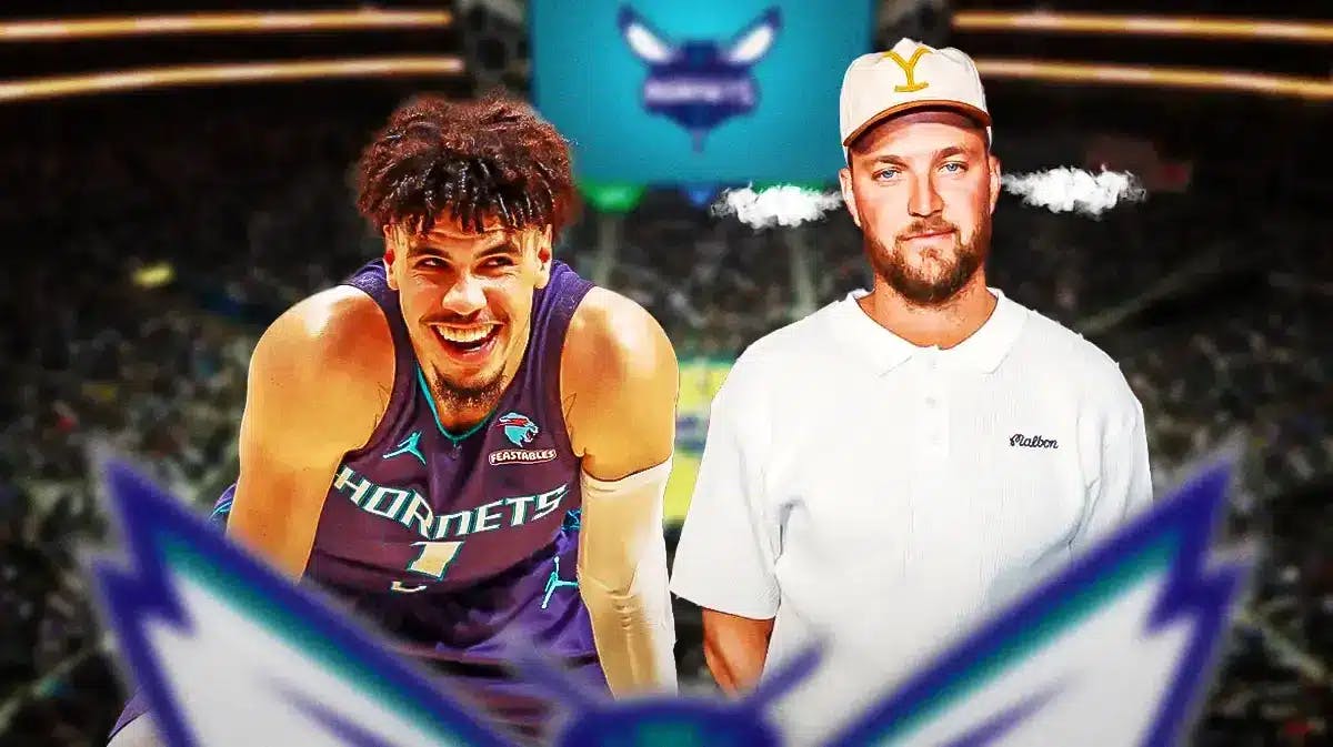 Hornets' LaMelo Ball laughing. Chandler Parsons in normal clothes looking serious with smoke coming out of his ears.